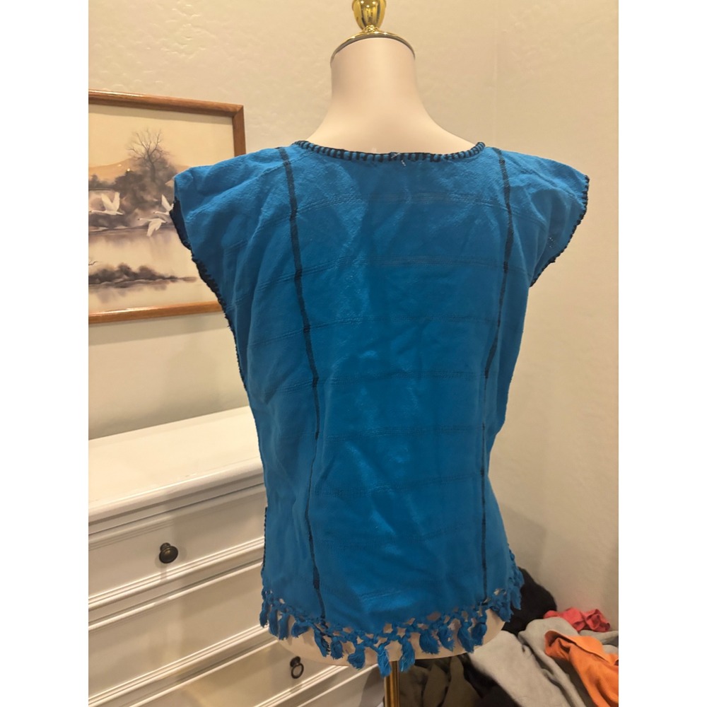 Mexican Huipil Embroidered Top Turquoise Blue Boho Artisanal Tassel Fringe top - Picture 4 of 5